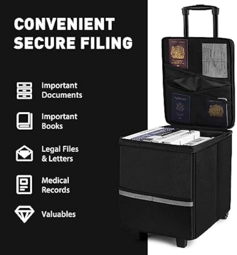 Caixa de arquivos à prova de fogo com rodas e alça telescópica, carrinho utilitário dobrável, caixa