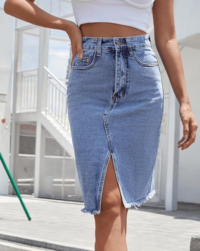 Women High Waist Front Thigh Split Washed Raw Hem Tassel Midi Slit Denim Skirt High Rise Mini Wrap Jean Skirt3