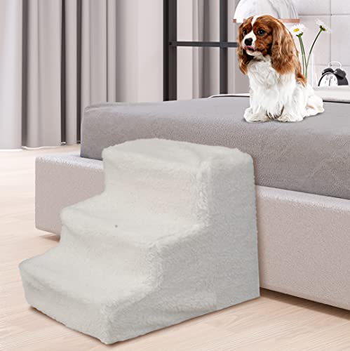 Bundaloo Dog Stairs for High Beds, Steps for Smaller Pets with Removable and Washable Cover, No Tools Required (White)