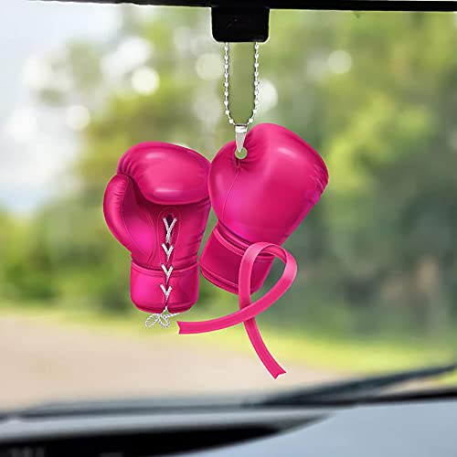 Breast Cancer Boxing Gloves Pink Ribbon Car Hanging Ornament Cute 2-Sided Mica Material Wood Ornament, Keychain, Wood Keychain