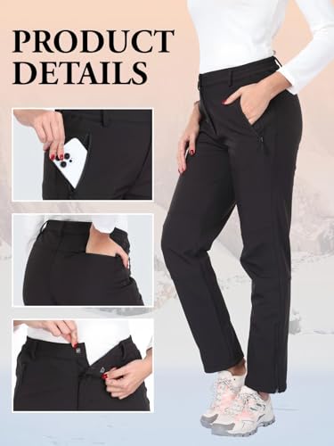 Zalify Damen-Skihose, wasserdicht, mit Fleece gefüttert, isoliert, Softshellhose, warme Hose für Winter, Wandern, Outdoor, Schwarz, Größe 4XL