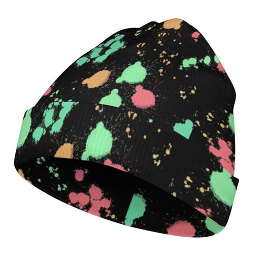 Rainbow Splatter Neon on Dark Kids Beanie Hat for for Girls Boys Children Cap Winter Knitted Chemo Cancer Headwear Accessories Gifts Decoration