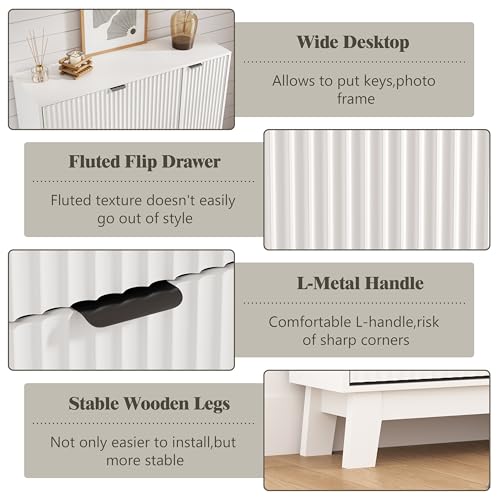 Image of Shoe Cabinet Storage for Entryway with 3 Flip Drawers & Side Cabinet, Fluted Narrow Shoe Organizer with Wooden Leg, Freestanding Shoe Storage Hidden Shoe Rack Organizer for Front Door Entrance, White