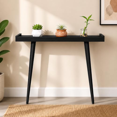 Image of 80 cm Solid Wood Console Table for Living Room | Modern Entryway & Hallway Table | Narrow Sofa Side Table for Home Decor | Wooden Foyer Entrance Table | 80 x 20 x 80 cm | Black