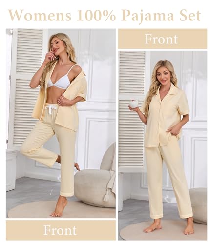 Image of CF Womens 100% Cotton Pajamas Set Button Down Pjs Sets Short Sleeve Top & Long Pants Sleepwear Comfy Loungewear with Pockets
