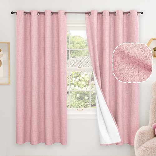 Image of Baby Pink Linen Blackout Curtains for Nursery 63 Inch Length 2 Panels Set, Thermal Insulated Boho Total Black Out Noise Reducing Bonzer Grommets Window Curtains for Girls Bedroom, Each 52 Inch Wide