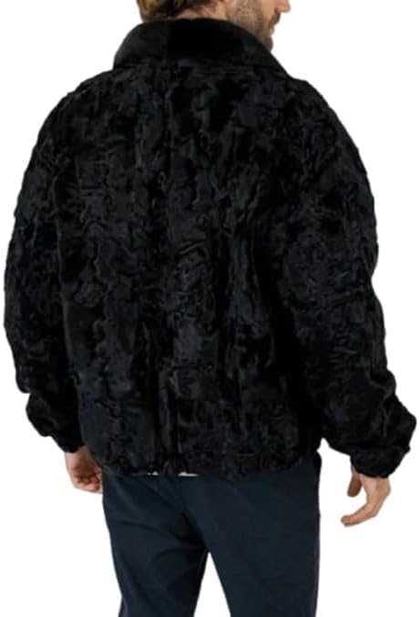 Men's Sheepskin Black Karakul Persian Jacket Pure Real Fur Collar Zipper Coat