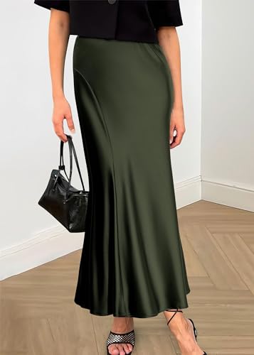 Image of KIRUNDO Women's Satin Maxi Skirt 2026 Summer Fall Trendy High Waisted Wedding Cocktail Party Work Silk A-Line Formal Skirts
