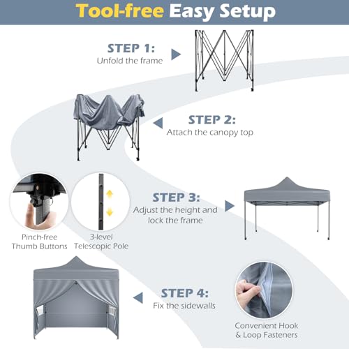 Image of Tangkula 10x10 FT Pop Up Canopy, Outdoor Tent with 4 Removable Sidewalls, Carbon Steel Frame, 4 Sandbags, 8 Stake & 4 Ropes, Wheeled Bag, Portable Canopy Tent for Party Event Camping (Gray)