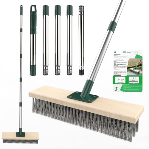 Edelstahl Stahldrahtbesen mit Teleskopstiel(145 cm) Drahtbürste Deckbesen Bürste Bodenschrubber Bürste für Garten Terrasse Deck