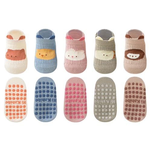 HAGOT 5 Pares de Bebés Calcetines Antideslizantes, Calcetines de Algodón de Dibujos Animados para Bebé Niña Niños de 0 a 12 meses, S