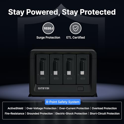 Image of Gitryin 12-in-1 Desktop Charging Station with 3 Retractable Type-C Chargers and 1 Lightning Charger, 40W USB-C Power Strip with Flat Plug, Extension Cord with 1020J Surge Protection for Home Office