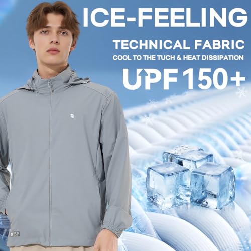 Image of Venzina UPF 150+ Sunscreen Jacket for Men, UV Sun Protection Jacket with Cool Feel Quick Dry Fabric, Sun Hoodie with Removable Hat & Zip Pocket for Driving, Camping, Riding
