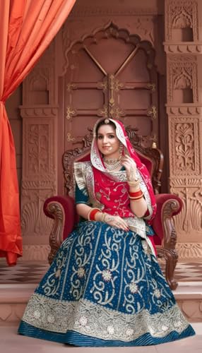 Image of Heavy Embroidery Work Semi Stitched Shimmer Silk Rajputi Poshak For Women Rajasthani Lehenga Choli