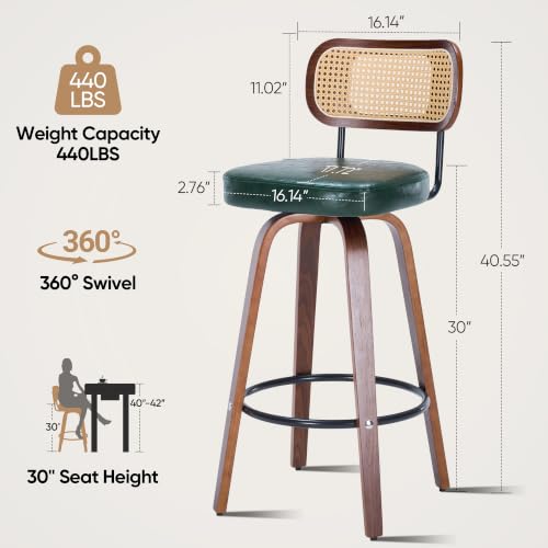 Image of Rattan Bar Stools Set of 2,Upholstered PU Leather, 30''Counter Height Barstools with Back and Wood Legs,360Swivel,Mid-Century Modern Bar Stool for Kitchen Island Dining Room and Bar(Vintage Green)