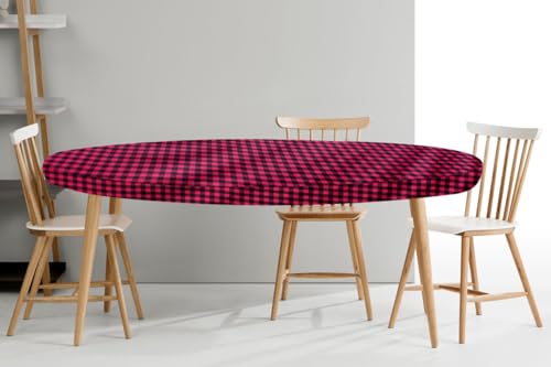 Image of The Furnishing Tree Elastic Oval Dining Table Cover WxL 36x48 in Inches Polyester Checkered Pattern Maroon