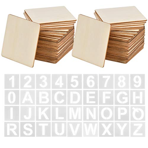 BUYGOO 80Pcs Unfinished Squares Wood Pieces, 4 x 4 Inch Square Wood Slices with 26Pcs Letters and 10Pcs Number Blank Natural Slices Wood for Scrabble Tile Wall Decor, Coasters, DIY Crafts Painting