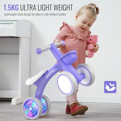 Image of Umatoll Colorful Lighting Baby Balance Bike for 1 Year Old Boys Girls, 12-24 Months Toddler Bike with Basket, Adjustable Seat, First Birthday Gift (Purple)