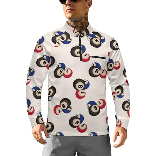 Cartoon Billiards Number Ball Men's Rash Guard Long Sleeves Quick Dry Fishing Workout Shirts with Zipper