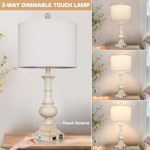Lolikit 26 Inch Farmhouse Table Lamps, Table Lamps For Living Room Set Of 2 With Usb A+C Ports & Ac Outlet, Vintage Rustic Touch Control 3-Way Dimmable Boho Nightstand Lamp White Washed Resin For Bedroom Deocr thumb #5