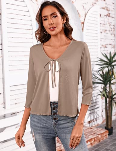 Image of Aiboria Women's Tie Front Shrug 3 /4 Sleeve Ribbed Bolero Lightweight Cropped Cardigan S-XXL