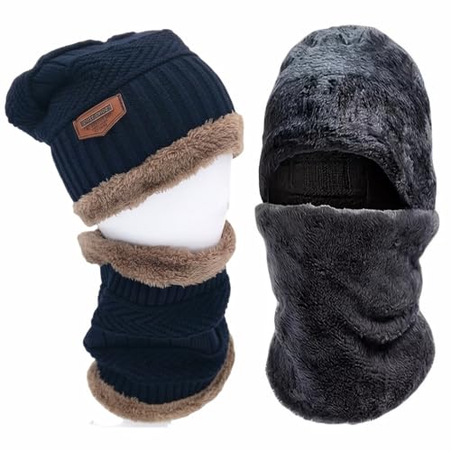 3PCS Children's Winter Hat Scarf Gloves Set 3-9 Years Boys and Girls Knitted Hooded Fleece Hat Warm Scarf (Navy Blue)2