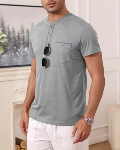 Męska koszulka Henley Stretch Casual z krótkim rękawem, jasnoszary, 3XL