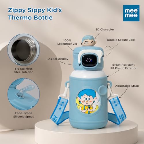 Image of Mee Mee Zippy Sippy 500ml Kids Stainless Steel Water Bottle with Smart Temperature Display | SS316 Steel | 3 Drinking Modes | Leak-Proof Insulated Hot & Cold Bottle | BPA-Free | 2-10 Years (Blue)