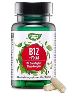 Nature's Way Vitamin B12 hochdosiert mit Folsäure - Premium Energie Booster bei Erschöpfung und Müdigkeit mit Bioflavonoide Granatapfel und Zitrus - 60 Kapseln vegan zuckerfrei ohne Süßstoffe