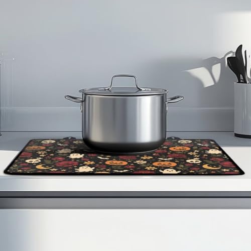 Image of Induction Stove Top Cover Protector, Halloween Flat Top Stove Decor Cover Mat, Universal Stove Top Cover for Electric Cooktop, 29 x 21 Inch, Ghost Pumpkin Skull Flower Print