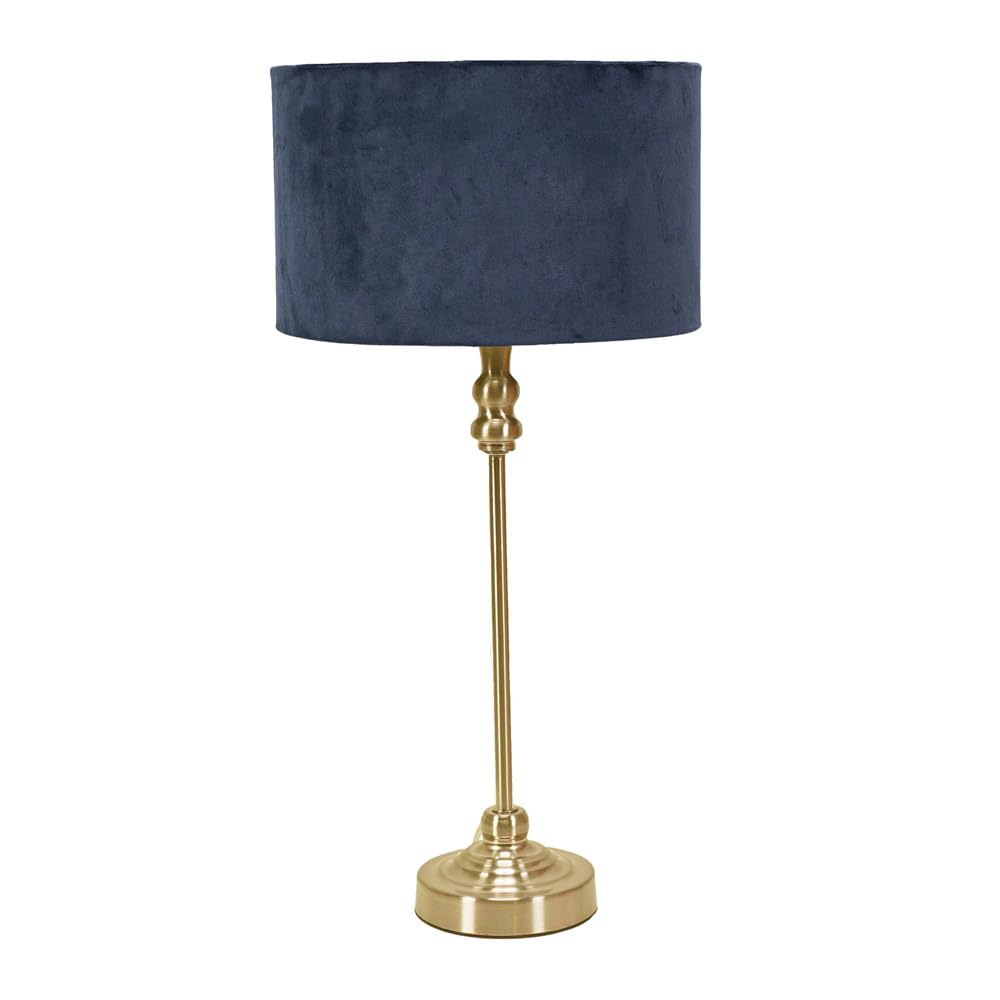 ValueLights Maggie Gold Metal Candlestick Table Lamp with Velvet Drum Shade & LED Bulb in Navy