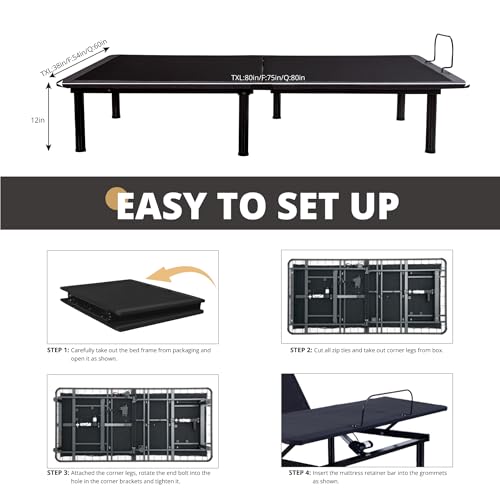 Image of EGOHOME Adjustable Bed Frame Queen for Pain Relief, Metal Folding Bed Base with Remote for Independent Head and Foot Incline, Zero Gravity, Anti Snore | 12 inch Removable Legs, Wireless Remote, Head and Foot Incline, Anti Snore, Zero Clerance Easy Assembly
