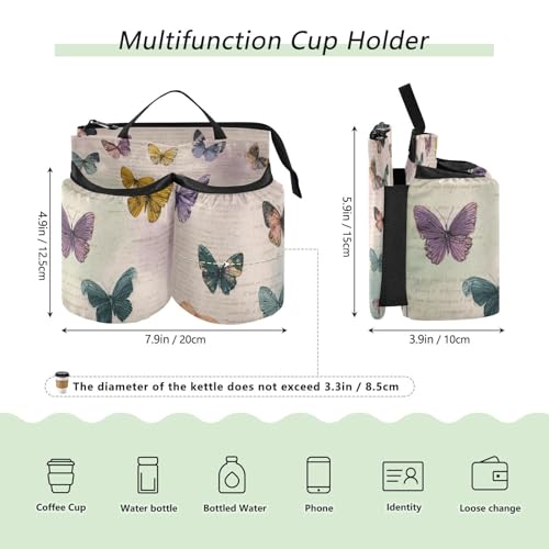 Image of Luggage Cup Holder for Suitcases Free Hands Suitcase Cup Holder Travel Luggage Drink Holder Portable Luggage Cup Caddy Bag Carrier with Handle Vintage Beige Butterflies
