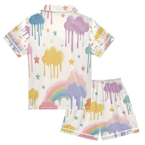 Satin Pajama Sets Short Sleeve Colorful Clouds and Stars Pattern Button Down Silky Nightwear 2 Piece PJS 5-14Y2