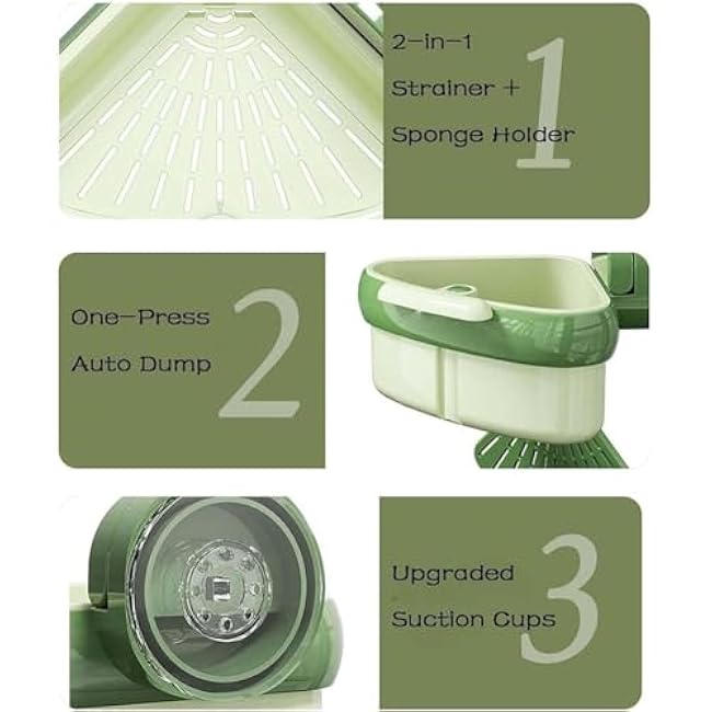 Cureaway Suction Cup Sink Corner Rack, Cureaway Corner Hanging Sink Strainer,Triangular Sinks Basket, With Fine Mesh Drain Hole Say Goodbye to Gross Food Scraps and Smelly Sinks(Green+Yellow)