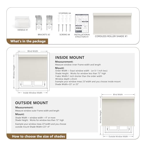 Image of AOSKY Cordless Blackout Roller Shade for Window, 33.5 inchW x 72 inchH, Linen Beige