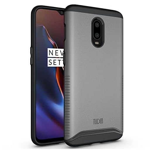 TUDIA DualShield designad för OnePlus 6T-fodral, [sammanslagning] stötsäker dubbelt lager smal hård PC mjuk TPU militärklassat skyddande fodral – metallisk skiffer