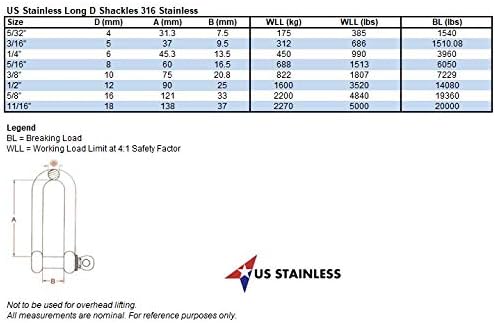 US Stainless Stainless Steel 316 Long D Shackle 3/16" (5mm) Marine Grade Dee - Image 4