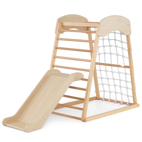 DREAMADE 5 in 1 Kletterdreieck mit Rutsche & Kletternetz & Kletterleiter & Pull Up Bar & Tunnel, Kinder Spielplatz Indoor Klettergerüst aus Holz zum Rutschen & Klettern für Kinder ab 1 Jahr (Natur)