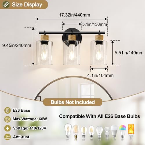 Image of MOKATNG Bathroom Light Fixtures, 3-Light Farmhouse Vanity Lights with Hemp Rope, Black Bathroom Wall Lamp for Mirror Kitchen Hallway Cabinet