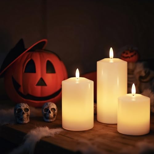 Image of GenSwin Rechargeable Flameless Candles Battery Operated with Remote Timer | LED Pillar Candles, Party /Wedding /Home Decor, White, 3 Pack, D3x H4.6 inch5.8 inch6.8 inch
