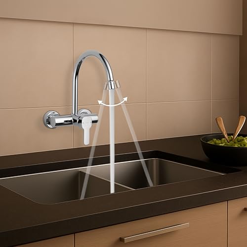 Image of Delta Faucet Wall Mount Kitchen Sink Faucet Mixer I 10 Year Warranty I Aerated Foam Flow Kitchen Faucet I Sink Tap with 360 Spout Rotation I Kami Kitchen Sink Tap I Chrome I 33904