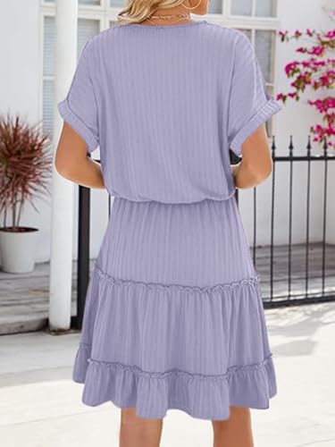 Image of PerZeal Women's Casual V Neck Short Sleeve Tiered Dress Ruffle Hem A-Line Flowy Swing Midi Dresses