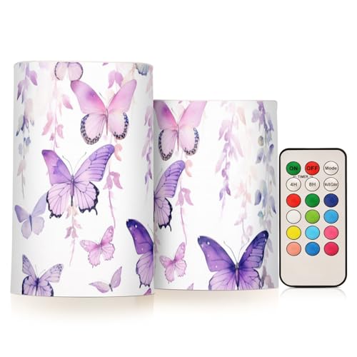 Image of Lights Flameless Candles Purple Butterfly Leaves Pillar Candles Set of 2 Battery Operated Remote Control Warm Lights Home Decor