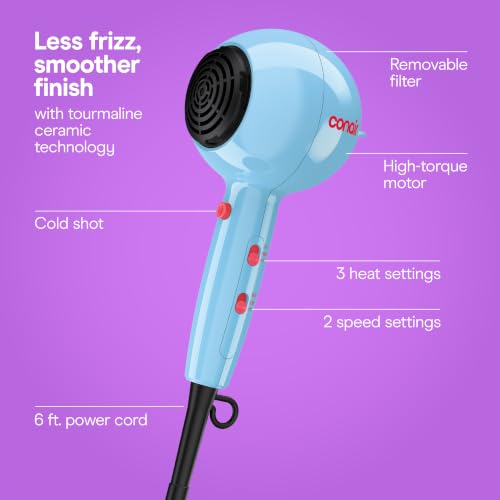 Image of Conair Cake Pop Hair Dryer with Diffuser & Concentrator Attachments, Blow Dryer, Hair Dryers for Women, Tourmaline Ceramic Technology, 3 Heat /2 Speed Settings, Compact Hair Dryer w /Concentrator, Blue