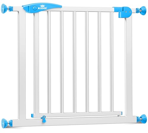 KIDIZ Treppenschutzgitter ohne Bohren | Verstellbare Breite: 88-94 cm, 75 cm hoch, Türschutzgitter und Absperrgitter für Kinder und Hunde, Beidseitige Einhand Öffnung, 90° Open-Stop System, Weiß/Blau