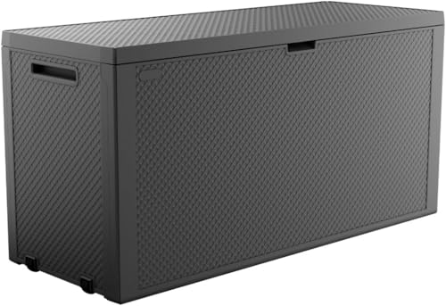 Koll Living Gartenbox mit 270 Liter Fassungsvermögen - wetterfester Stauraum, der Inhalt bleibt trocken und Wird belüftet - Moderne Flechtoptik - mit Griffen und Rollen (Grau) Koll Living Gartenbox mit 270 Liter Fassungsvermögen - wetterfester Stauraum, der Inhalt bleibt trocken und Wird belüftet - Moderne Flechtoptik - mit Griffen und Rollen (Grau)