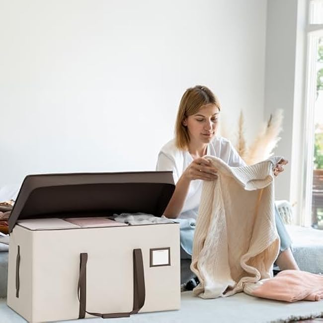 StorageWorks Extra Large Moving Bags with Lid, Heavy Duty Storage Packing Tote for Moving Supplies with Zippers & Reinforced Handles, Alternative to Moving Boxes, White and Brown, 2 Pack