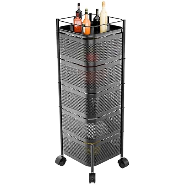 Kitchen Storage Cart, 5-Layer Kitchen Trolley on Wheels, Rotating Trolley, Kitchen Trolley, Fruit Basket Storage Container, Fruit Vegetable Metal Wire Shelf with Top Lid for Living Room Kitc-BTFARs2z