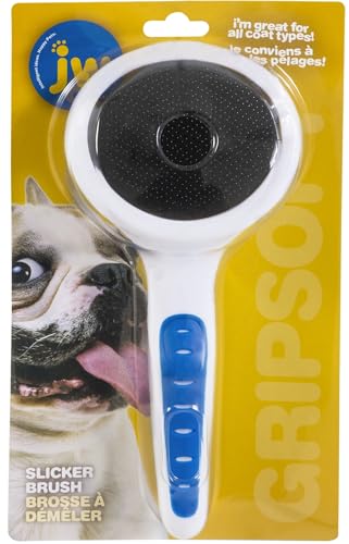 JW Pet Gripsoft Slicker Brush with Non-Slip Rubber Grip (Stainless Steel Tines), Dog Grooming Brush, Assorted Colors, Large, 10